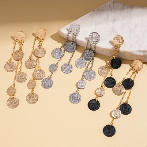 Geometric Textured Round Plate Metal Long Tassel Drop Earrings With 925 Sterling Silver Earring Post For Women