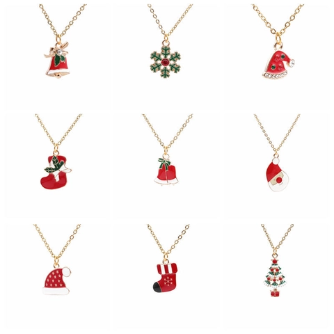 Collier Pendentif Noël Alliage Émail Strass Flocon De Neige Père Noël Renne Arbre Cloche Bijoux Cadeau Pour Femmes Filles