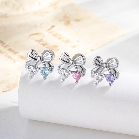 Bowknot Heart Ear Cartilage Stud Stainless Steel Cubic Zirconia Screw Back Piercing Earring Korean Style Jewelry Women