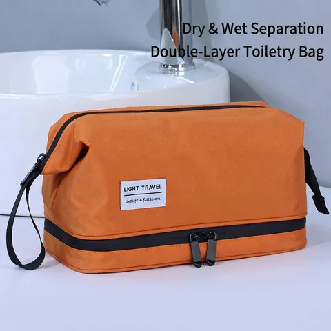 Borsa Da Toilette Nylon Alta Densità Impermeabile Separazione Secco Umido Multi Strato Borsa Cosmetici Portatile Per Uomo