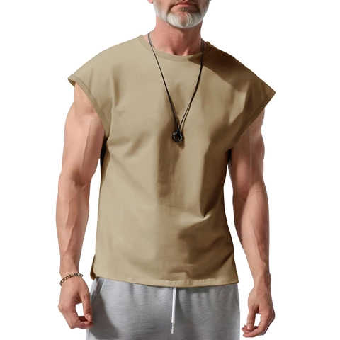 Men Tank Top Sleeveless T-Shirt Polyester Round Neck Muscle Fit Summer Gym Sports Casual Solid Color