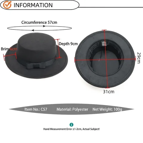Chapeau Canotier Style Britannique Vintage Calotte Plate Feutre Jazz Fedora Avec Ruban Gros-Grain Nœud Élégant