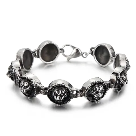 Men Stainless Steel Lion Head Bracelet Vintage Punk Hip Hop Gothic Antique Silver Relief Link Chain Jewelry