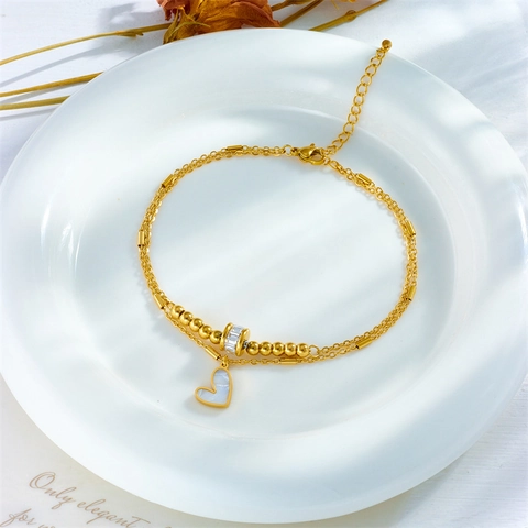 Double Layered Anklet Stainless Steel Gold Heart Pendant Mother Of Artificial Pearl Shell Zircon Beaded Foot Chain For Women