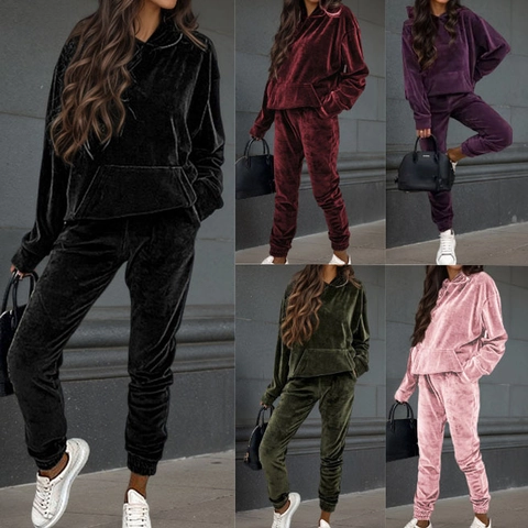 Women Velvet Hoodie And Jogger Pants Tracksuit Long Sleeve Casual Solid Color Streetwear Loungewear