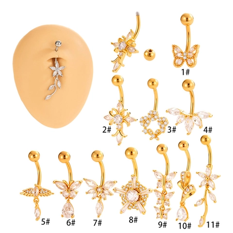 Anello Per Ombelico In Acciaio Inossidabile Rame Zircone Gioielli Piercing Donna Farfalla Croce Fiore Stella Pendente Barbell
