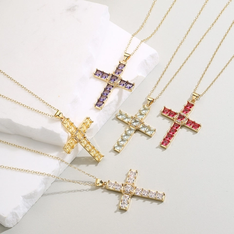 Geometric Cross Pendant Necklace Gold Plated Copper Colorful Cubic Zirconia Fashion Jewelry For Women
