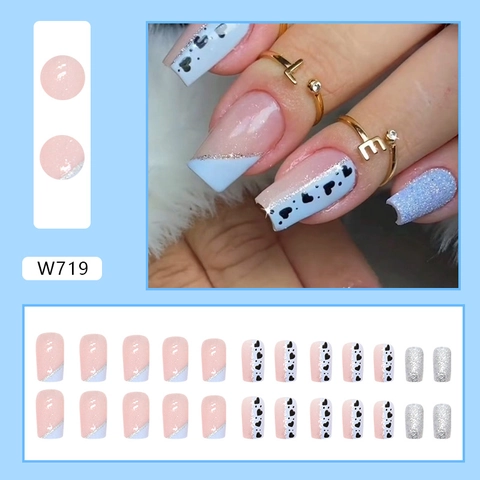 French Style Press On Nails Blue Pink Heart Pattern Square Fake Nails Glitter Sweet Manicure For Women