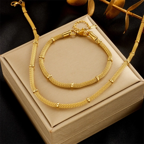 Collar o Pulsera de Acero Inoxidable Chapado en Oro 18K con Tejido de Malla Joyas Retro Minimalistas de Nudo de Bambú para Mujeres Regalo Elegante