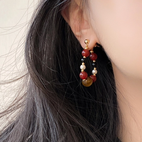 Vintage Beaded Hoop Earrings With Silver Earring Post Agate Tiger Eye Stone And Artificial Pearl Retro Ethnic Jewelry For Women