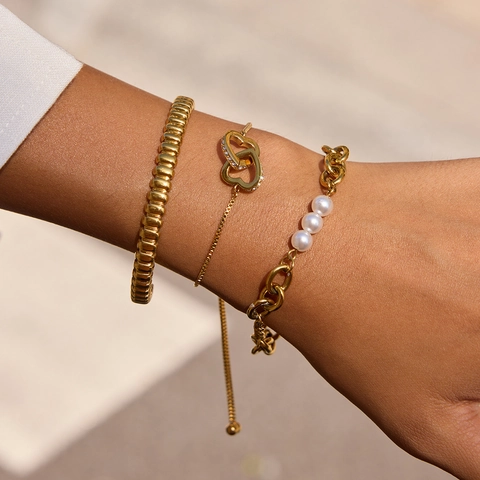 Stainless Steel 18K Gold Plated Heart Rhinestone Artificial Pearl Bracelet Bangle Set For Women Fashion Commute Elegant Jewelry