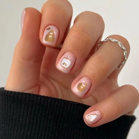 Pink Press On Nails Short Square Shape Detachable Fake Nails Cute Gold White Fruit Pattern Apple Pear Wearable Fashionable Nail Art