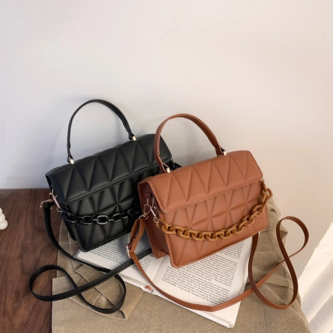 Bolso Bandolera Acolchado De Rombos Cuero PU Bolso De Mano De Moda Con Cadena Gruesa Asa Superior Cuadrado Para Mujer