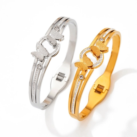 Brazalete De Mariposa Acero Inoxidable Esmerilado Mariposas Estrás Incrustado Joyería Elegante Para Mujer