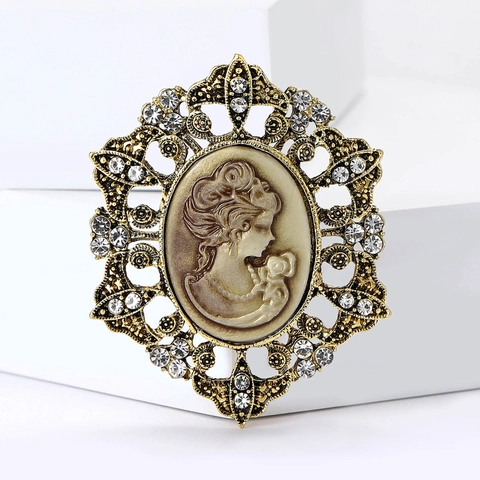 Vintage Kamee Brosche Legierung Strass Filigran Elegante Dame Profil Porträt Nadel Für Damen Mode Accessoire