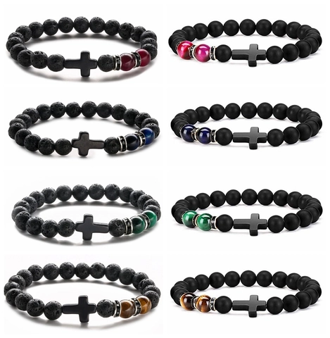 Beaded Bracelet Natural Lava Stone Tiger Eye Matte Agate Cross Elastic Ethnic Jewelry For Men Unisex