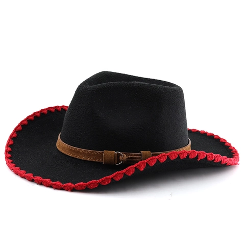 Retro Western Cowboy Hat Wide Curved Brim Cotton Polyester Felt Whipstitch Edge Belt Detail British Jazz Style