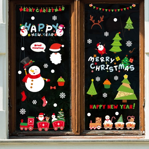 Weihnachten Fensterbilder Statische PVC Aufkleber Weihnachtsmann Schneemann Rentier Baum Frohes Neues Jahr Glasdeko Für Geschäft Haus