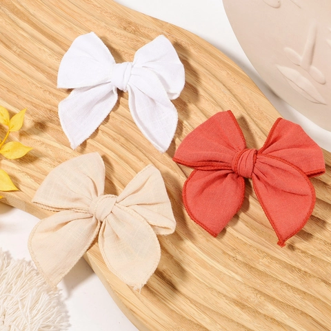 Bow Hair Clips Cotton Linen Fabric Fully Wrapped Metal Barrette Solid Color Handmade For Baby Toddler Kids Princess Style