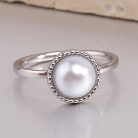Elegant Artificial Pearl Ring 304 Stainless Steel With Large White Artificial Pearl Milgrain Edge Vintage Minimalist Jewelry For Women