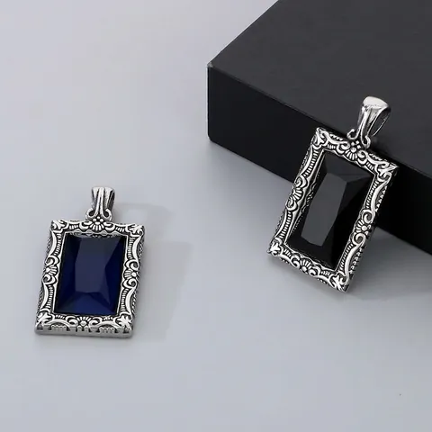 Retro Quadratischer Edelstein Anhänger Halskette Vintage Gravierter Titanstahl Hip Hop Punk Schmuck Für Herren