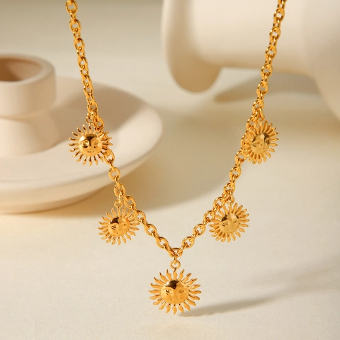 Collar Con Colgante De Cara De Sol Vintage Acero Inoxidable Chapado En Oro De 18K Cadena Bohemia Joyas Mujer