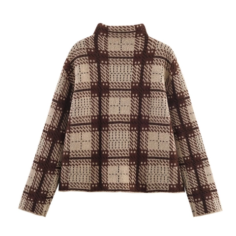 Maglione In Maglia A Quadri Da Donna Retro Lupetto Manica Lunga Autunno Inverno Top