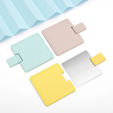 Portable Makeup Mirror Stainless Steel Square Compact Pocket Mini Vanity Mirror With PU Leather Case