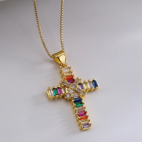 Collier Pendentif Croix Cuivre Plaqué Or Incrusté De Zircon Géométrique Bijoux Hip Hop Pour Femmes