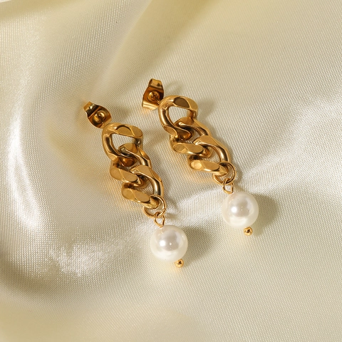 Cuban Gliederkette Tropfenohrringe 18K Vergoldet Edelstahl Mit Weißer Kunstperle Eleganter Schmuck Frauen