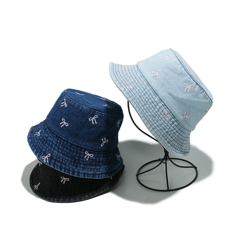 Women Denim Cotton Bucket Hat With Pink Bow Embroidery Sun Protection Outdoor Casual Chic Foldable Summer Sun Hat