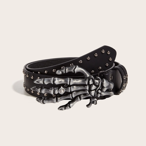 Punk Men's PU Leather Belt Metal Rivets Studded Gothic Skull Hand Alloy Buckle Rhinestone Inlaid Fashion Waist Strap