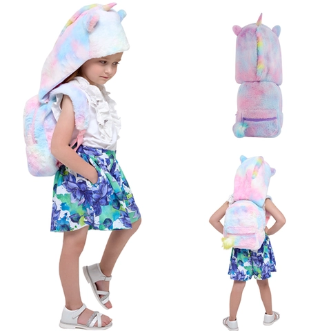 Mochila De Peluche Para Niños Con Capucha De Unicornio Desmontable Tie Dye Mochila Escolar Colorida Para Niñas Preescolar Pompon
