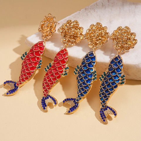 Koi Fisch Blumen Hängerohrringe Emaille Legierung Strass Mit 925 Sterling Silber Ohrstecker Vintage Palast Stil Damen
