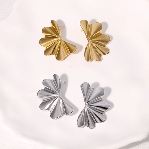 Fan Stud Earrings Stainless Steel 18K Gold Plated Pleated Ribbed Design Geometric Modern Minimalist Vintage Women