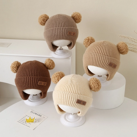 Baby Knitted Beanie Hat Winter Thickened Ear Protection Double Pom Pom Bear Ears Toddler Warm Outdoor Cartoon Patch