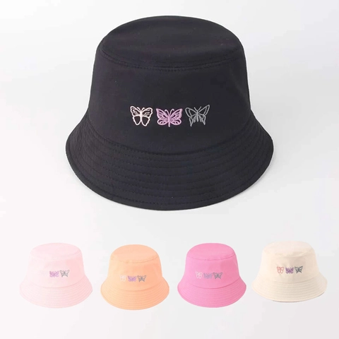 Mode Damen Baumwolle Schmetterling Bestickt Fischerhut Sommer Sonnenschutz Faltbar Breite Krempe Outdoor Casual Sonnenhut