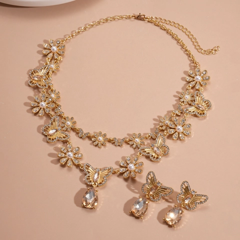 Butterfly Flower Necklace And Water Drop Earrings Alloy Rhinestone Faux Artificial Pearl With Silver Earring Post Vintage Women