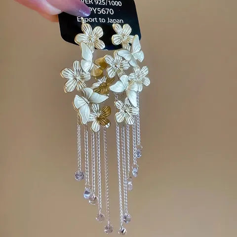Butterfly Flower Long Tassel Drop Earrings Alloy Crystal Vintage Elegant Women Jewelry With 925 Sterling Silver Earring Post