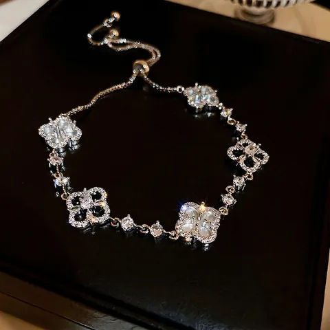 Bracciale Regolabile Quadrifoglio Fiore Rame Zircone Stile Conchiglia Bianca Eleganti Gioielli Di Moda Di Lusso Donna