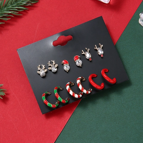 Juego de Pendientes de Navidad Reno Gorro de Navidad Bastón de Caramelo Pendientes de Aro en Forma de C Aleación Esmalte Strass Joyería Mujer