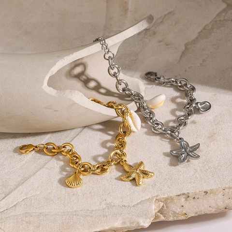 Pulsera De Dijes De Estrella De Mar Y Concha De Acero Inoxidable Chapado En Oro De 18K Tema Océano Joyería Bohemia Para Mujeres