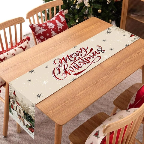 Christmas Table Runner Polyester Retro Snow Scene Sled Church Print Festive Dining Party Decor
