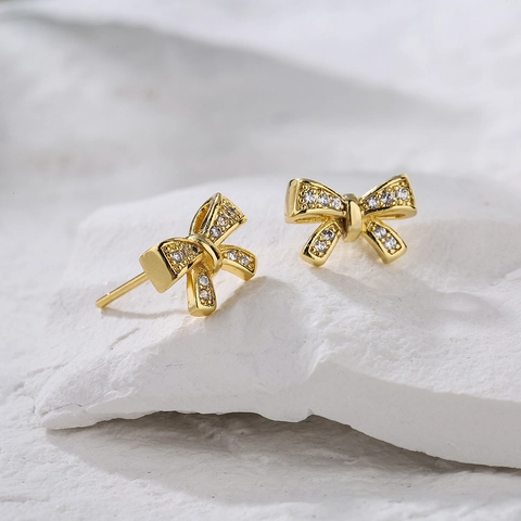Bowknot Stud Earrings Copper Gold Plated Micro Inlaid Zircon Enamel Elegant Chic Jewelry Gift For Women