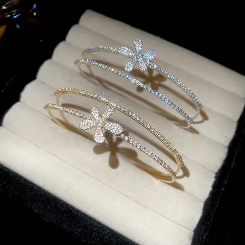 Elegant Flower Open Bangle Bracelet Copper Double Layer Cubic Zirconia Micro Pave Adjustable Fashion Jewelry For Women