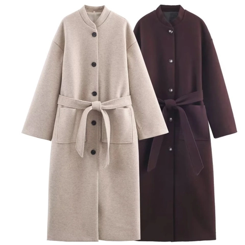 Women Long Woolen Coat Elegant Stand Collar Single Breasted Belted Waist Fashion Solid Color Outerwear With Pockets