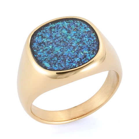 Men Signet Ring Stainless Steel Abalone Shell Black Epoxy Vintage Geometric Polished Band Jewelry Accessory