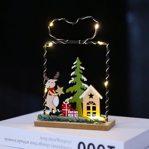 Decoración De Mesa Navidad LED Madera Papá Noel Reno Marco Metal Luz Cálida Adorno Festivo Escritorio