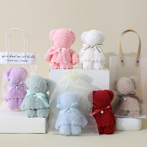 Creative Animal Shaped Towel Gift Soft Coral Fleece Absorbent For Wedding Birthday Party Favors Artificial Pearl Ribbon Souvenirs