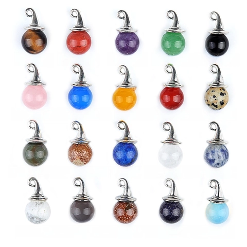 Wizard Hat Round Ball Pendants Natural Gemstone Crystal Agate Charms For Diy Jewelry Making Halloween Theme Crafting Accessories